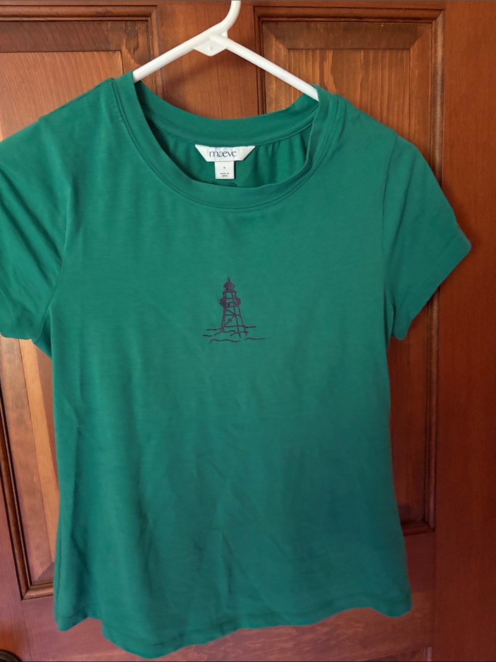 Maeve Emerald Green Short-Sleeve Tee with Navy Lighthouse Stitch